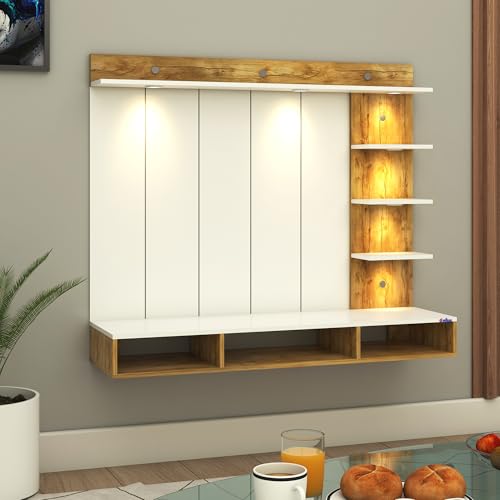 Image of Anikaa Tyron Engineered Wood Wall-Mount TV Unit with PVC Back Panel & LED Lights | TV Cabinet with Storage Box & Decorative Shelves (Gaintwood /White) | Ideal for TVs up to 55 Inch | DIY Installation