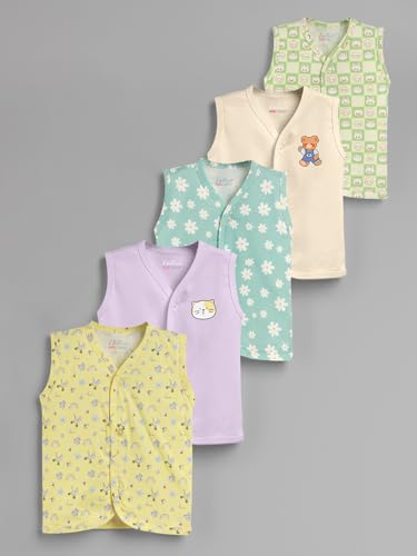 Image of HELLCAT 100% Cotton Front Open Jhabla Vest & T Shirt for Babies - Pack of 5 (Unisex,Sleeveless)
