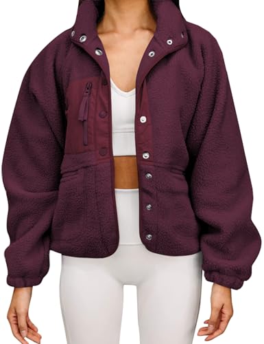 Image of Aoang Winter Jackets for Women Casual Loose Button Fleece Jacket Sherpa Coats Fall Outerwear 2025 Maroon XXL