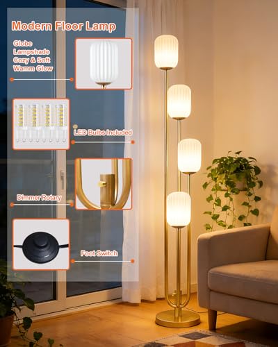 Image of Lightdot Gold Floor Lamp 4-Lights Dimmable Floor Lamps with Cylinder Shade 3000K Bulbs Included Unique Modern Standing Tall Lamp with 5Lbs Heavy Base for Living Room /Bedroom /Sofa Beside /Corner Decor