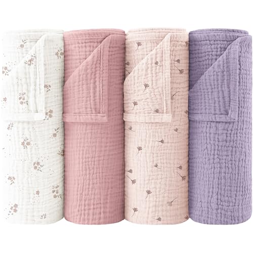 Bearmoss Moltontücher Baby 100% Baumwolle Weiche Spucktücher Baby,Atmungsaktiv und Extrem Saugfähig Musselin Tuch für Saugstark Mulltücher 4er 60x60cm (Lila)