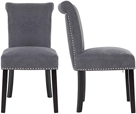 LSSPAID Upholstered Fabric Dining Room Chairs with Polished Nailhead Wood Legs in Grey, Set of 2