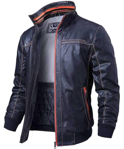 FLAVOR Herren Echtes Leder Lederjacke Stehkragen Jacken (L, Blau)
