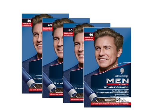 Men Perfect Gel de tinte antigris 40 rubio oscuro (4 x 80 ml), tinte para el cabello de los hombres que difuminan las canas, tinte antigris para un resultado de aspecto natural