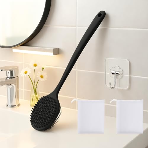 Image of Silicone Body Scrubber for Shower Men Women - Dual-Sided Exfoliating & Massage Shower Brush with Long Handle, Creates Rich Lather, Includes 1 Hook & 2 Lather Balls (Black).