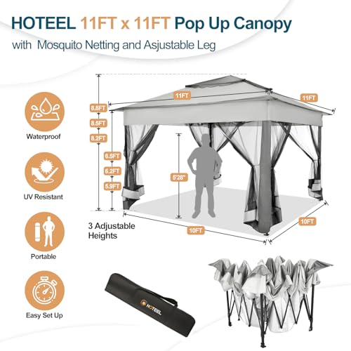 Image of HOTEEL 11x11 Pop Up Gazebo with Mosquito Nettings Waterproof Outdoor Gazebo with Double Roof Patio Gazebo Tent for Backyard, Garden, Lawn, Parties Gazebo with Vented Roof and Carry Bag (Dark Gray)