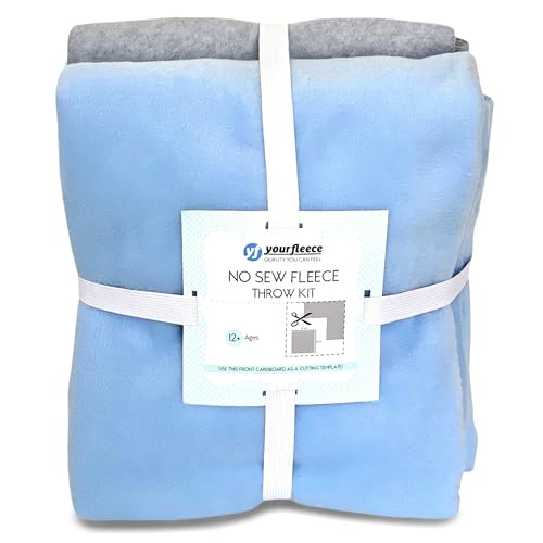 YourFleece Solid No-Sew Throw Fleece Fabric DIY Blanket Making Kit, Make Your Own, Anti-Pill, Light Blue/Heather Gray, 50x60 inches