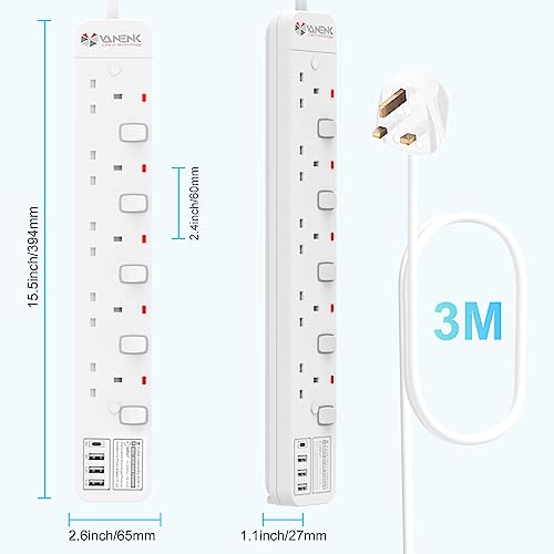 VANENIK Extension Lead with USB C 3M Surge Protector Power Strip with 4 USB Ports - Image 4