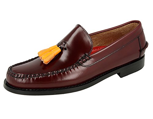 Mocasines castellanos hombre burdeos de piel con borlas naranjas originales