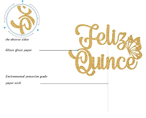 Feliz Quince Cake Topper, Cheers To 15 Years Cake Decoration, 15Th Birthday, Hello 15 Cake Decor, Happy 15Th Birthday Decoration Supplies Mixed Gold Glitter #TOP1