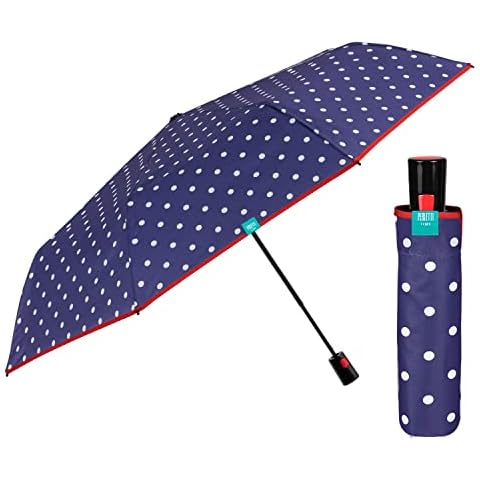 PERLETTI Folding Automatic Compact Umbrella for Women Blue White - Windproof Foldable Umbrella Polka Dots for Girls - Strong Mini Brolly with Red Border - Diameter 96 cm TIME (Blue Polka Dots) Cover