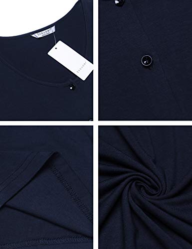 Ekouaer Women's Nightshirt Long Sleeve Button Down Nightgown V-Neck Sleepwear Pajama Dress Navy Blue