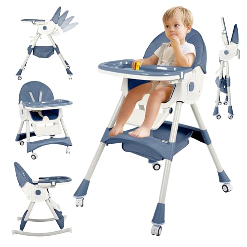 Image of 6 in 1 High Chairs for Babies and Toddlers,Portable Foldable High Chair with Wheels& Pu Cushion, Adjustable Height, Reclining Seat, 5-Point Safety Harness, Removable Tray