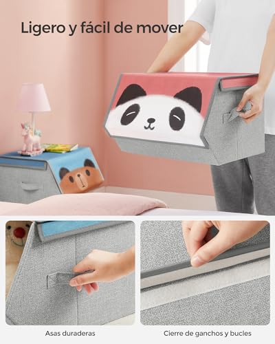 Miniatura 6 de Songmics Caja Almacenaje Tela Infantil, Caja Organizadora Plegable, Juego De 3, Apilables Con Asas, Tapa Magnética, Para Habitación De Niños, Panda Oso Cerdo, Rosa, Azul, Verde Y Gris Rfb760p02