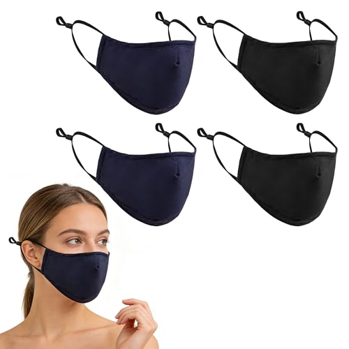 Heyung 4 PCS Reusable Cotton Face Masks Reusable Cotton Covering with Nose Wire for Glass Wearers Washable and Breathable Fabric with Adjustable Ear Loops 2 Black Mask + 2 Navy Blue