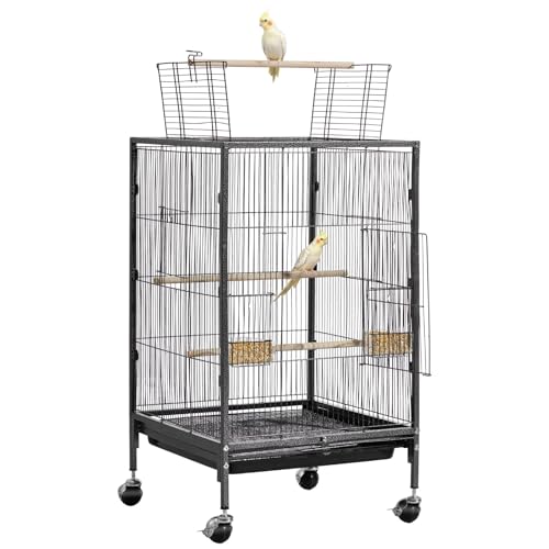 VEVOR Bird Cage, 18 x 18 x 30 inch, Open Flat Top, Wrought Iron Bird Flight Cage with Perches, Slide-Out Tray and Plastic Feeders, Casters, for Parrot, Blue Tit, Cockatiel, Canary, Budgerigar, Conure