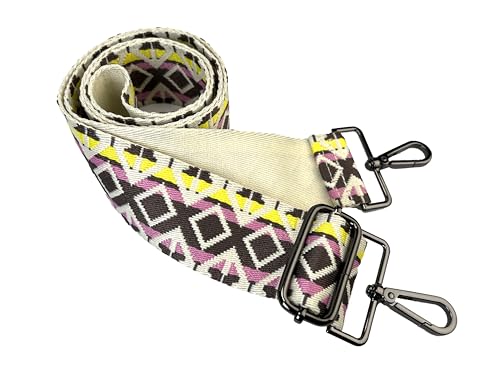 Image of Cream Purple Yellow Boho Diamond Purse Strap with Gunmetal Black Hardware 2 Inch Wide Replacement Crossbody Guitar Style Shoulder Strap for Handbags Totes