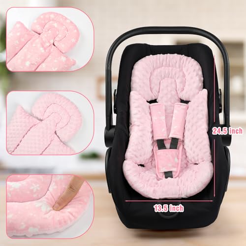 Image of Car Seat Head Support Baby, Soft Infant CarSeat Insert with Strap Covers for Girls, Newborn Insert for carseat, Strollers, Swings, Bouncer, Pink