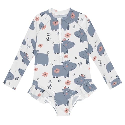 Cartoon Hippo Animals Girls Long Sleeve Swimsuit Rash Guard One Piece Bathing Suits Zipper 3-12T