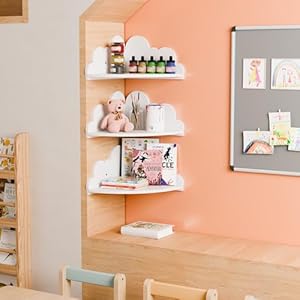 Cloud floating corner shelves set of 3 cloud corner wall shelves for kids room white corner shelf nursery wall deor small cute cloud dispaly shelf wall mounted for toys plants storage  urban country home decor