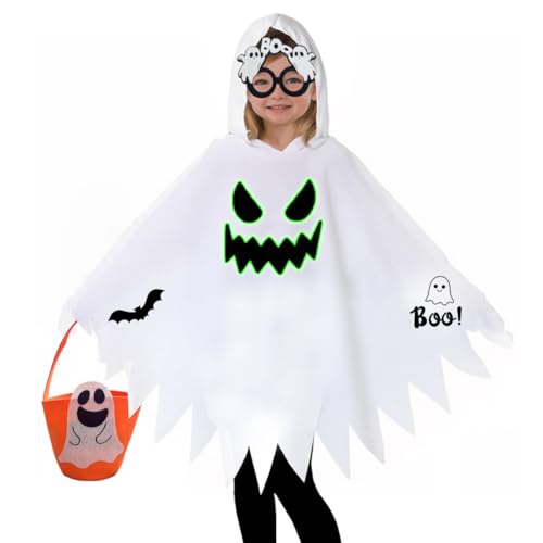 BIOECEUA Costumi di Halloween per Bambini, Mantello Spaventoso con Cappuccio Luminoso e Zucca, Maschera Fantasma con Secchiello per Dolcetti, Poncho Morbido, Abito per Festa di Dolcetto o Scherzetto