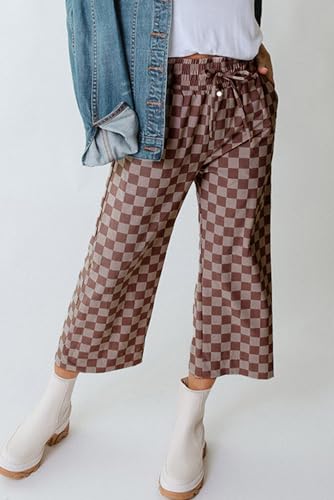 SELINK Women Casual Checkered Elastic High Waist Loose Pants with Pockets Plaid Straight Wide Leg Soft Daily Trousers3