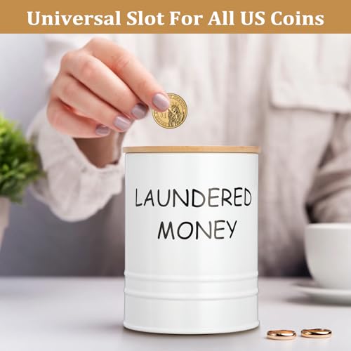Hoowen Laundry Room Coin Bank Jar with Money Slot and Wooden Lid, Rustic Farmhouse Laundry Room Decor Cute Piggy Bank Funny Coin Jars, Sturdy Galvanized Iron Money Savings Jars for Home Adult