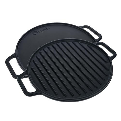 VICTORIA Plancha Cocina Hierro Fundido Esmaltado Parrilla Doble Reversible 32cm Redonda para Fuego, Barbacoa, Horno, Vitrocerámica, Gas, Libre de Tóxicos sin PTFE
