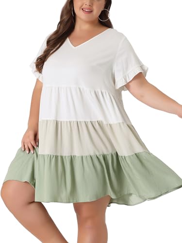 Image of Agnes Orinda Women's Plus Size Babydoll Ruffle Short Sleeve Casual Loose Flowy Swing Hem Chambray V Neck Mini Dress