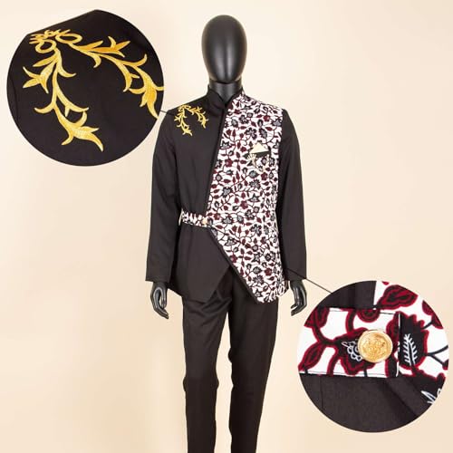 Men's 2 Piece Suit One Button Slim Fit Embroidery Print Blazer Pants Set African Clothes with Brooch4