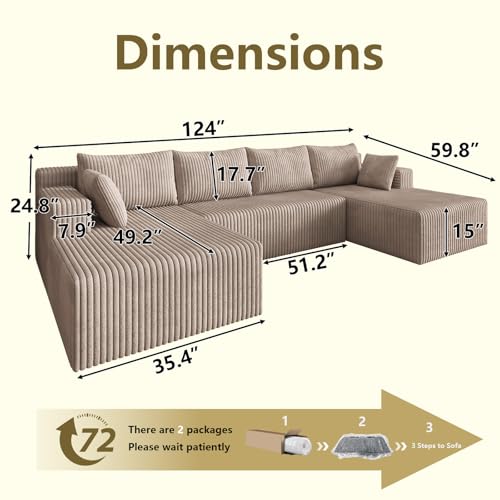 Image of 124 inch Modular Sectional Sleeper Sofa, Boneless Cloud Couch for Living Room, U Shaped 3 Seat Sofa with Deep Seat, Free Combination, Couch in a Box, No Assembly Required (Camel)