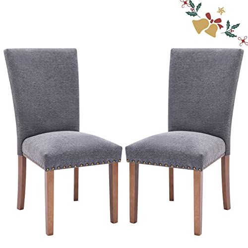 Image of Parsons Dining Chairs Set of 2, Upholstered Nailhead Dining Room Kitchen Side Chair with Thick Cushions and Wood Legs, Dark Grey