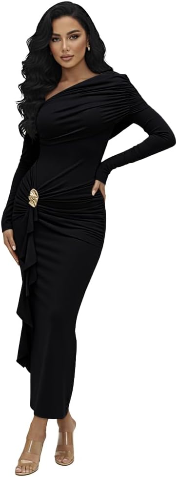 HWP Women's Sexy Ruched Bodycon Midi Dresses Asymmetrical Neck Long Sleeve Ruffle Club Cocktail Date Night Dress