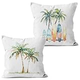 QGFM Tropical Beach Pillow Covers 18x18, Beach Room Decor, Surf Room Decor, Coastal Outdoor Pillow Covers, Summer Palm Tree Decorative Pillow Covers, Nautical Outdoor Decor, Set of 2