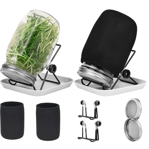 Hisredsun Seed Sprouting Jar Kit 2pcs 1000ml Wide Mouth Quart Mason Jars with Stainless Steel Screen Sprout Lids 86mm Caliber with Tray Stand Shading Cloth and Canning Brush for Making Seeds Sprouts