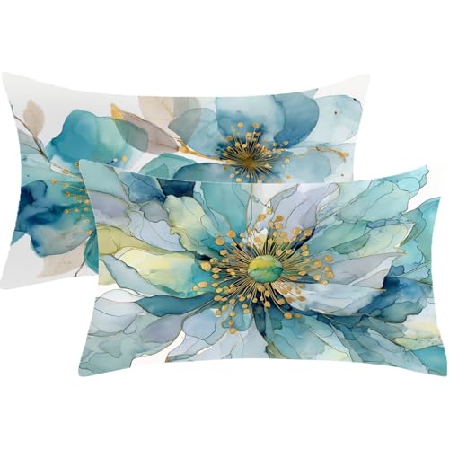 Syiboo Housse Coussin 70x90cm Grand Coussin Canape Bleu œuf de Canard Lot de 2 Taie Oreiller Floral Double Face Imprimé Lin Coussins Decoratif avec Fermeture à Glissière Invisible, Deco Automne, J152