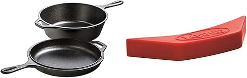 Lodge LCC3 - Cocina combinada de hierro fundido, pre-sazonada, 10.25 pulgadas, cuarto de galón y soporte de mango de silicona ASAHH41, rojo