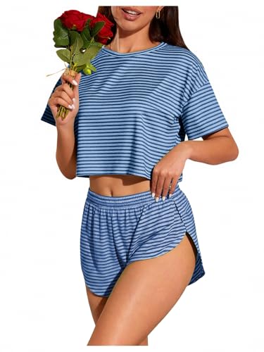 Image of OYOANGLE Womens Pajama Sets 2 Piece Sexy Lounge Sets Summer Cute Pjs Striped Print Tee and Side Split Shorts Set