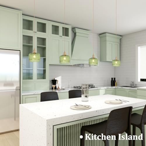 Image of Shenmoyl Pendant Light 2 Pack with Green Striped Glass Lmapshade, Brass Vintage Pendant Light Adjustable Hanging Light for Kitchen Island Dining Room Hallway