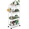 LEHOM Slim Rolling Storage Cart 4 Tiers Bathroom Organizer Utility Cart Slide Out Storage Shelves Mobile Shelving Unit for Kitchen Bedroom Office Laundry Room Small Narrow Spaces Pear White