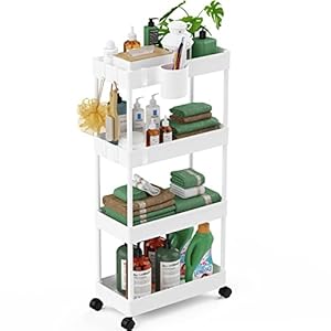LEHOM Slim Rolling Storage Cart - 4 Tiers Bathroom Organizer Utility Cart Slide Out Storage Shelves Mobile Shelving Unit for Kitchen, Bedroom, Office, Laundry Room, Small Narrow Spaces (Pear White) LEHOM Slim Rolling Storage Cart 4 Tiers Bathroom Organizer Utility Cart Slide Out Storage Shelves Mobile Shelving Unit for Kitchen Bedroom Office Laundry Room Small Narrow Spaces Pear White