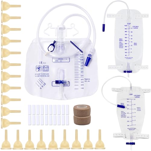 External Male Catheters Kit with 2 Leg Bags 750mL & 1000mL Overnight 2000mL Urine Bags 20 Soft Latex 2 Rolls Tape Condom Catheters for Men Day and Night Incontinence Care Dignity & Comfort(30mm)