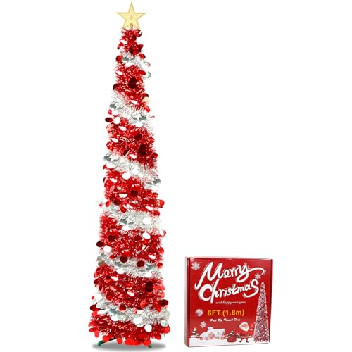 UHAPEER 6FT Pop Up Christmas Tinsel Tree, 180cm Collapsible Artificial Christmas Tree with Shiny Silver & Red Sequins & Star Topper, Collapsible Xmas Tree for Home Office Holiday Party Decor Supplie