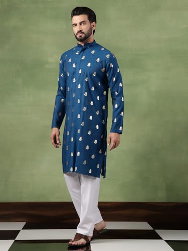 Image of SOJANYA (Since 1958 Men's Cotton Long Kurta with Golden Floral Motif Print