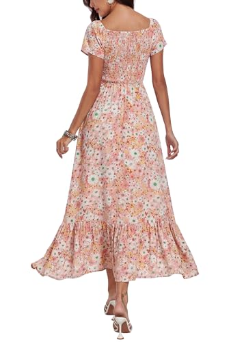Image of Summer Smocked Boho Maxi Dress for Women 2026 Short Sleeve Floral Smocked Flowy Ruffled Beach Vacation Dresses Lightweight