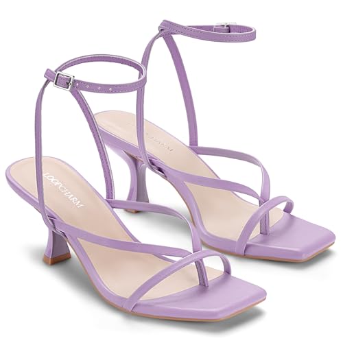Image of Women's Kitten Heel Strappy Open Square Toe Thong Ankle Strap Heels for Wedding
