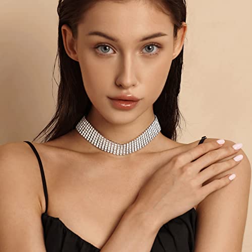 Zealmer 6 Row Rhinestone Choker Necklaces Silver Sparkling Diamond Choker Crystal Rhinestone Glitter Necklace Gold Plated Jewelry Gifts For Women Girls Bridal Wedding Bridesmaid #TOP2