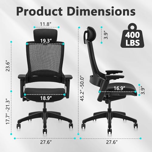 Image of CLATINA Ergonomic High Swivel Executive Chair with Adjustable Height Head 3D Arm Rest Lumbar Support and Upholstered Back for Home Office Black Mesh 2 Pack