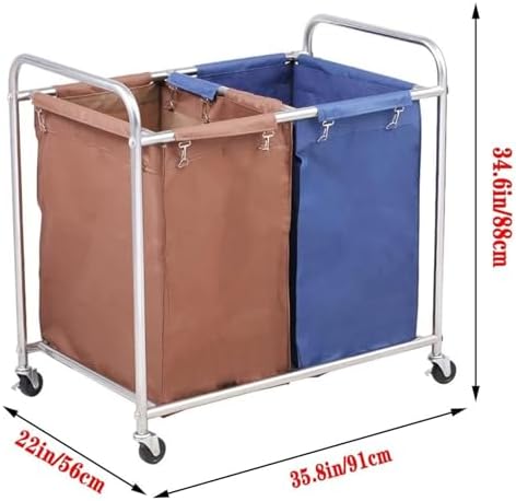 Heavy Duty Rolling Laundry Cart with Wheels, Sturdy Metal Sorter, 2 Removable Bags, Commercial Linen Trolley for Hotels & Home Use, Space-Saving Design