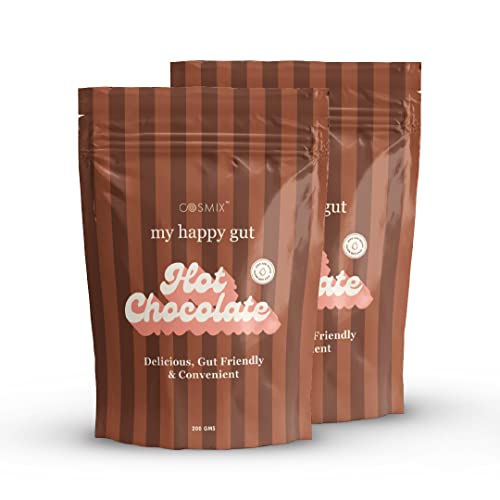 Cosmix My Happy Gut Hot Chocolate | For Improved Digestion & Overall Gut Health | Zero Refined Sugar, No Preservatives | Plant Based | Just add water & Enjoy | 2x200 gm - Makes upto 14 Cups each.